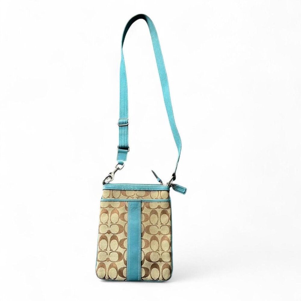 Coach Signature Canvas Leather Swingpack Crossbody bag in brown and teal